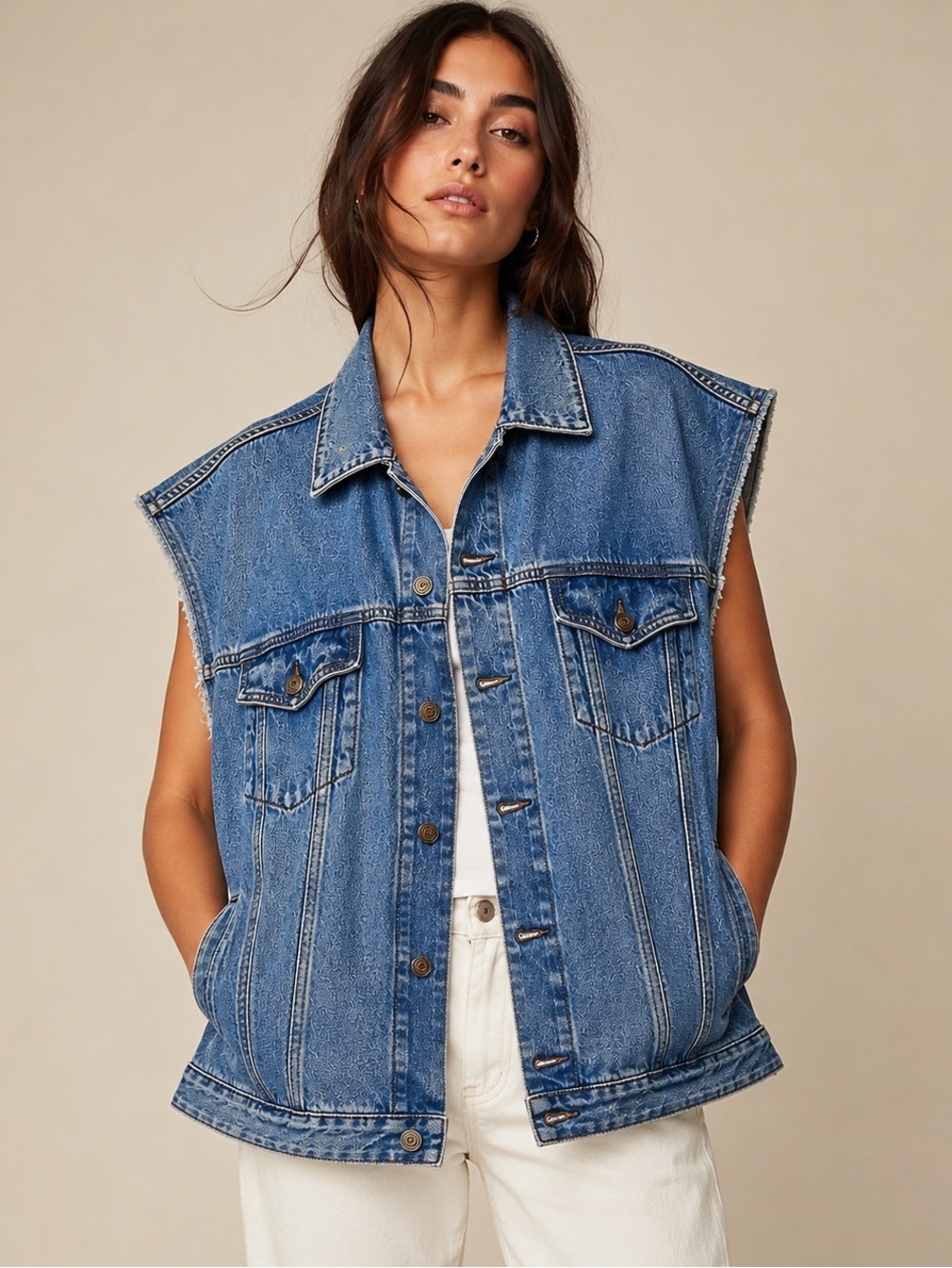Michael Kors Denim Vest Sleeveless Trucker Jacket Oversized Blue Jean